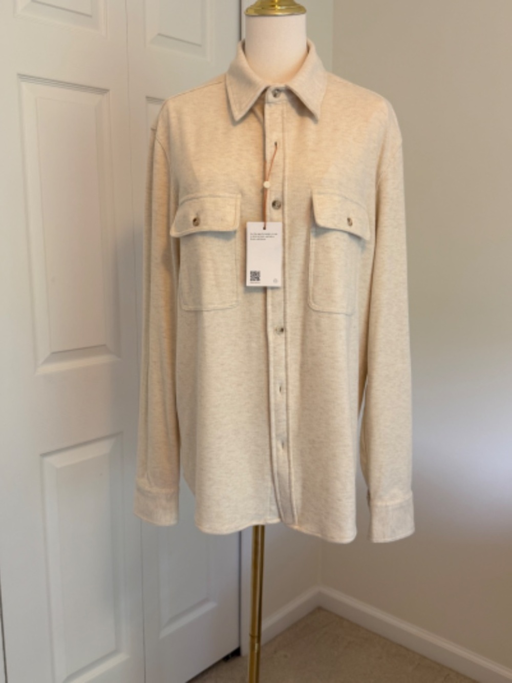 Quince Stretch Sweater Fleece Shirt Size M Off White Twill NWT Button Up